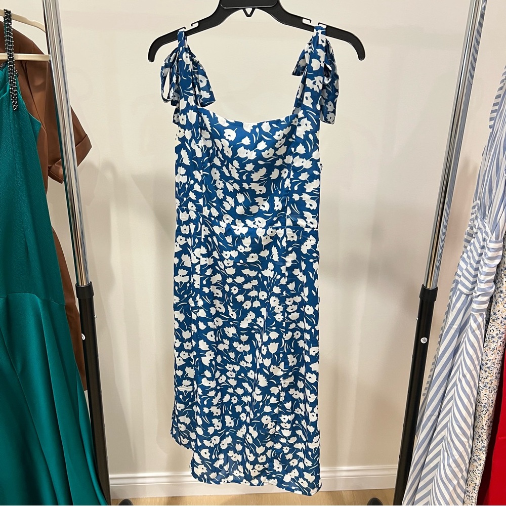 Blue Floral Tie-Shoulder Midi Dress